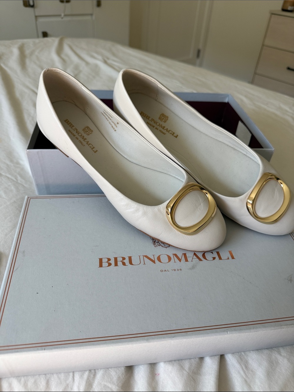 Bruno Magli Ivory Leather Ballet Flats with Gold Buckle